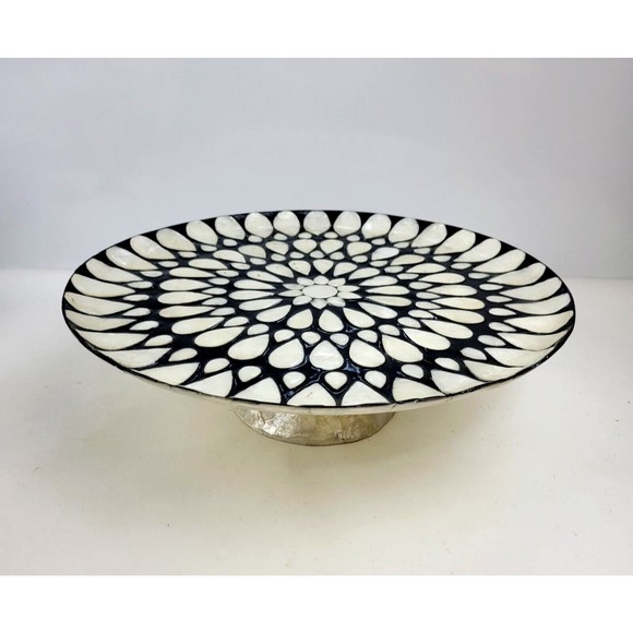 Capiz Shell Pedestal Cake Stand Plate Decorative Flower Inlay Black Ivory 13" - Picture 4 of 15